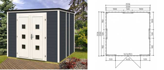 Design Gartenhaus Cubus-Linea 250 und Grundriss