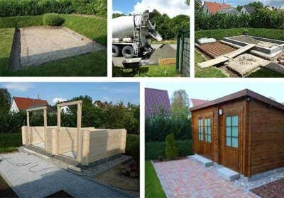 Gartenhaus-Aufbau:  Haus Maria-40 mit Podestfundament, Gartenweg und Piazza