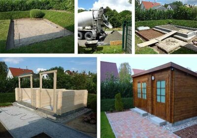 Gartenhaus-Aufbau: Haus Maria-40 mit Podestfundament, Gartenweg und Piazza Gartenhaus-Aufbau, Bildcollage