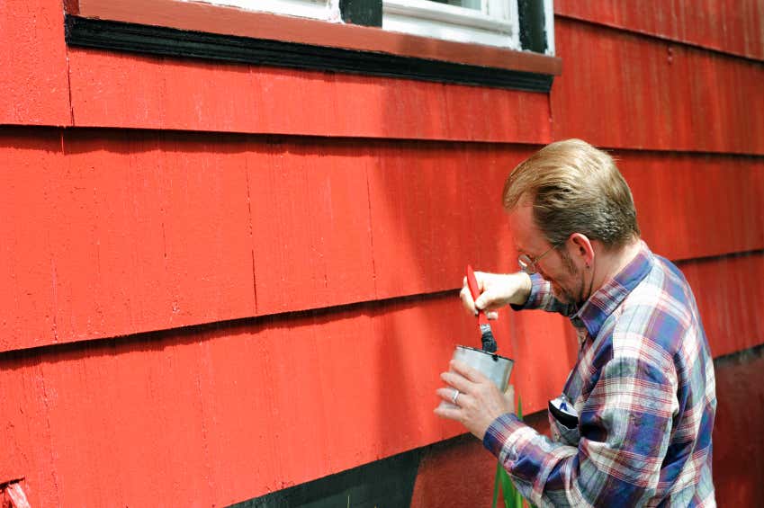 Mann lackiert eine Holzwand