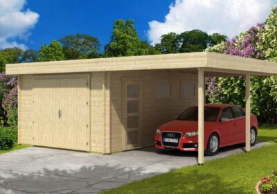 Die Holzgarage mit Carport