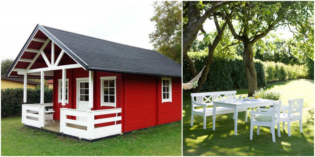 Passt perfekt zusammen: Unser Garten-und Freizeithaus Lillehammer-70 ISO und hölzernes Gartenmobiliar in hellen Farben (© Villa-Schmidt | Skagerak).