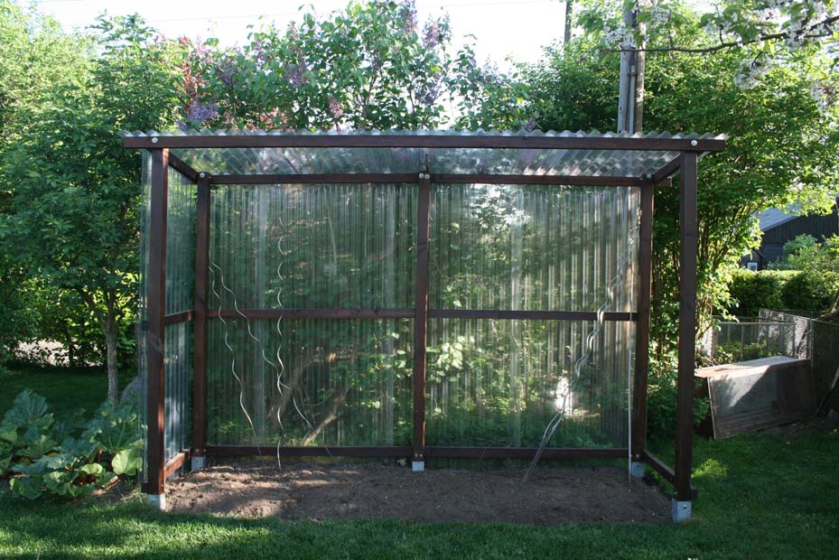 Das unbepflanzte Tomatenhaus, kontruiert aus Holzbalken und Wellplatten.