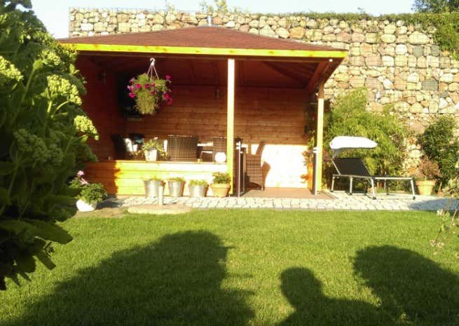 5-Eck Gartenlaube Maik-40 mit Anbau Holz 400x570 cm 40 mm Gartenhaus Pavillon 